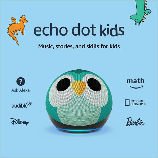 Echo Dot Kids with Alexa (Newest Model), Designed for Kids, with Parental Controls, Includes 1 Year of Kids+, Owl