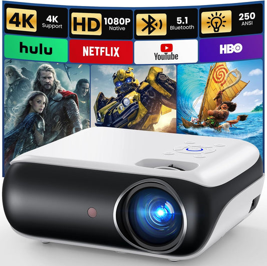 Native 1080P Bluetooth Projector, Full HD Portable Outdoor Movie Projector with Built-In Speaker, Compatible with Smartphone, HDMI, USB, AV, Fire Stick, PS5 for Home, Bedroom, Outdoor Use