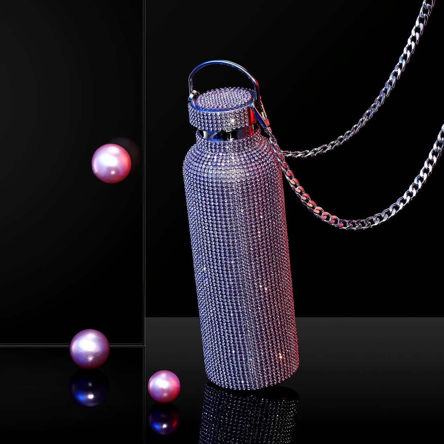 Botella térmica con diamantes de imitación con tapa | 750 ml | Aislado de acero inoxidable con diamantes de imitación de primera calidad | Color: Morado