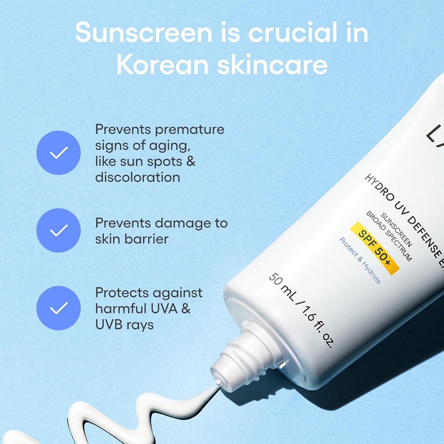 LANEIGE Protector solar Hydro UV Defense SPF 50+: hipoalergénico y dermatólogo, protección solar coreana de amplio espectro sin yeso blanco