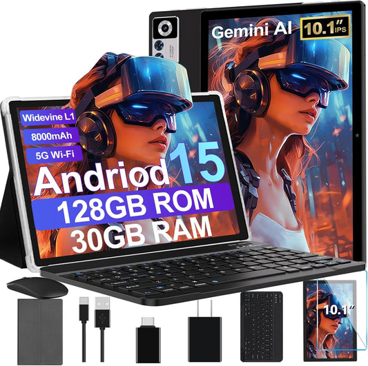 2025 Android 15 Tablet with Keyboard | Gemini AI, 30GB+128GB Octa-Core Electronics Tablets W/ 10 Inch IPS HD Display, 8000Mah, 5G Wifi, 1TB Expand, Mouse+Case, BT 5.0, Widevine L1, Metal Body -Black