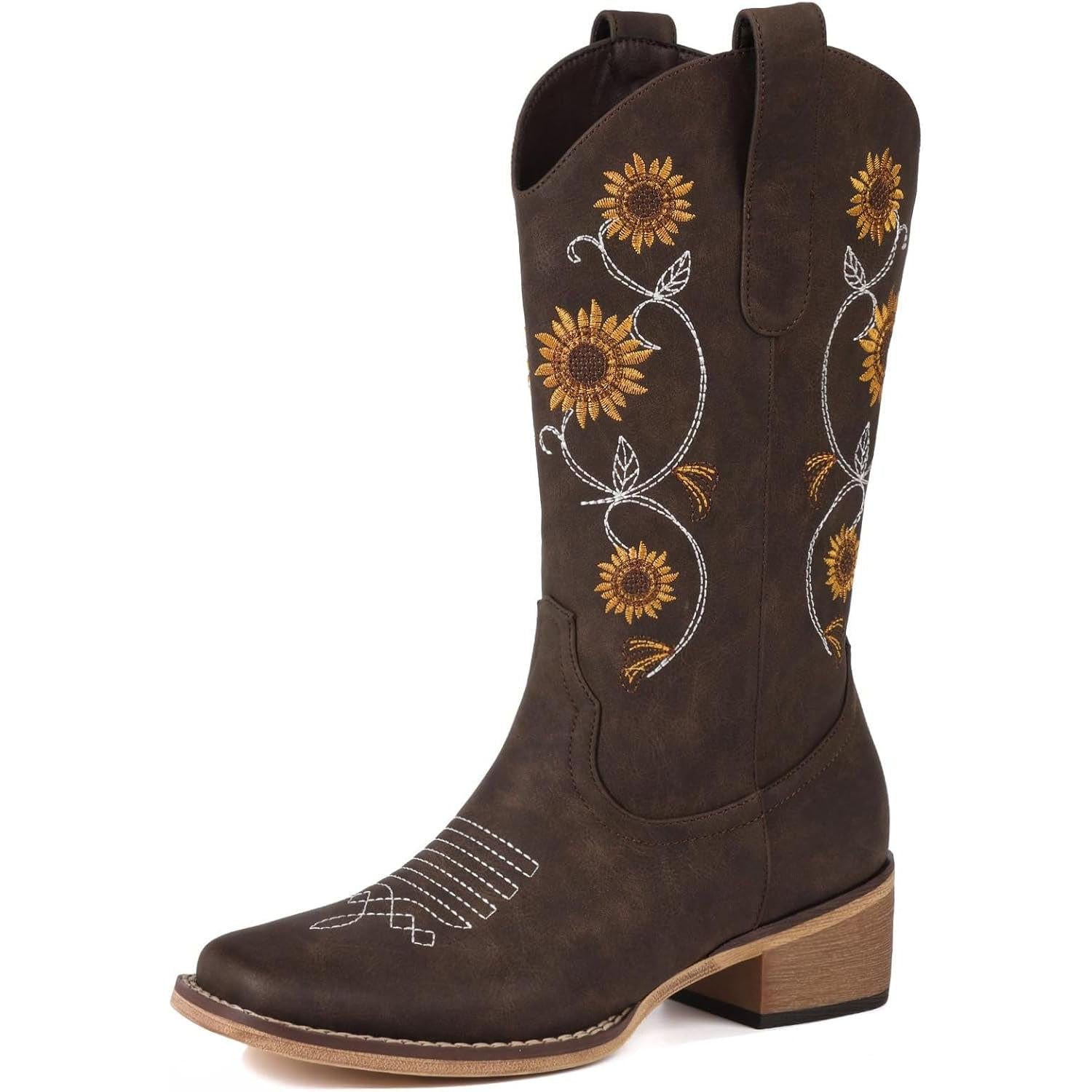 Botas vaqueras de girasol | Media pantorrilla | Bordado floral | Punta cuadrada cosida | Color: Marrón