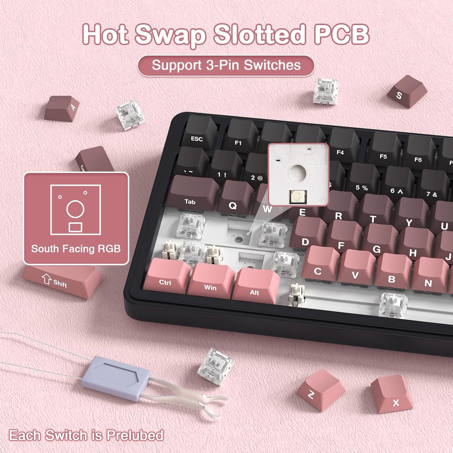 Teclado mecánico inalámbrico para juegos con perilla intercambiable | Color: Rosa