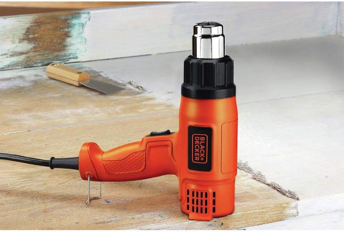 Pistola de Calor BLACK+DECKER 1350W, Doble Temperatura (750°F & 1000°F), Compacta con Soporte Integrado y Mango Lateral – Incluye Boquilla Protectora de Vidrio (HG1300)