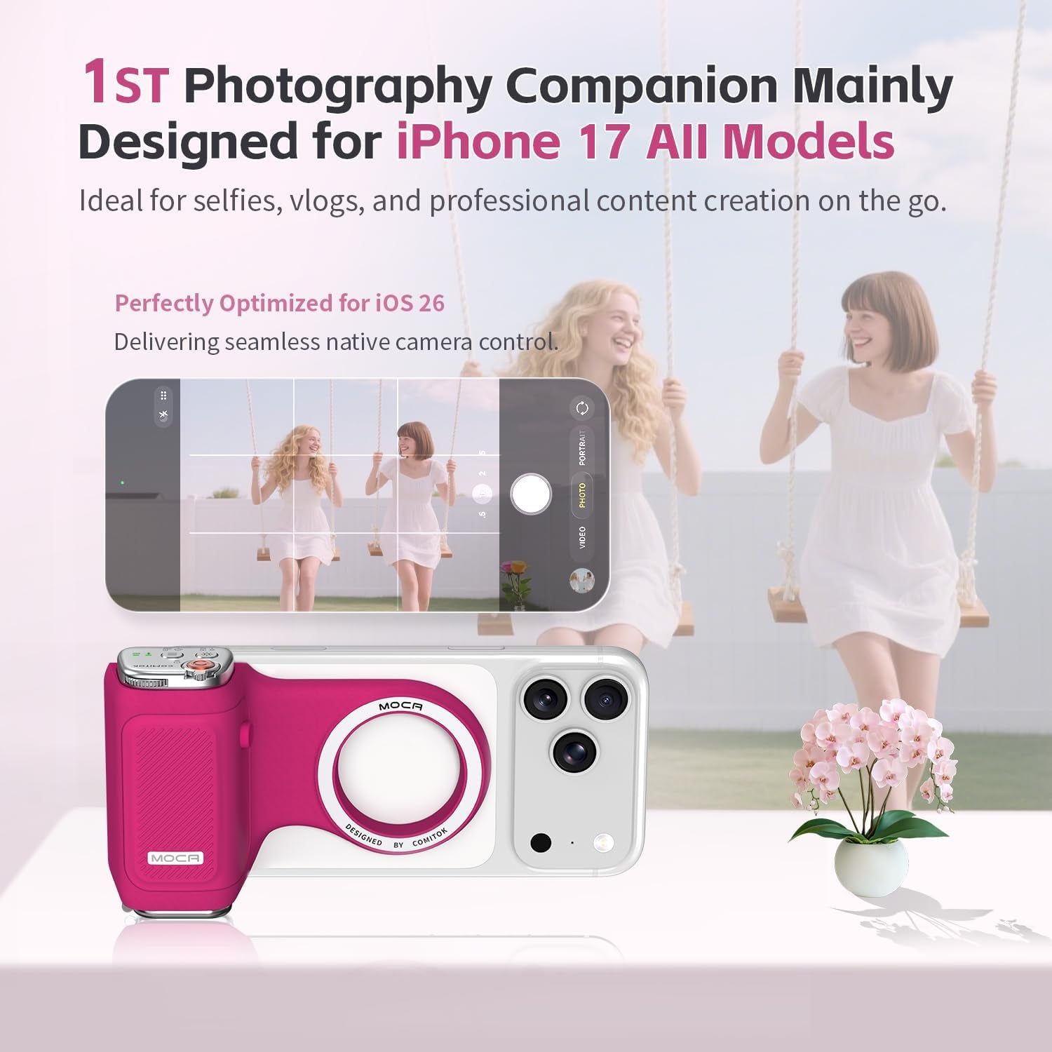 Accesorio para filmar | UGC | Compatible con iOS17 e iOS18 | Agarre magnético con control remoto | Color Fucsia