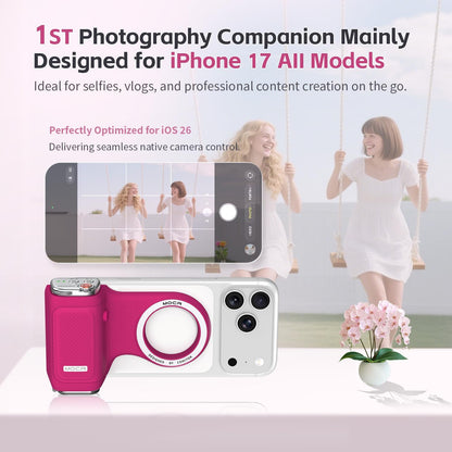 Accesorio para filmar | UGC | Compatible con iOS17 e iOS18 | Agarre magnético con control remoto | Color Fucsia