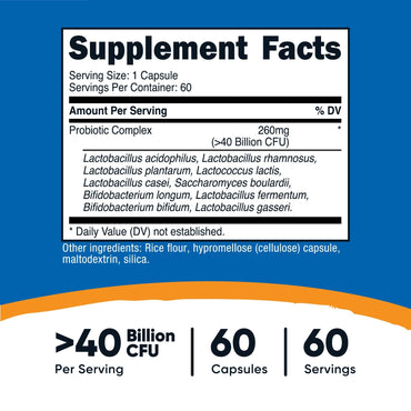 Nutricost Probiotic Complex | 40 Mil Millones de UFC – 60 Cápsulas