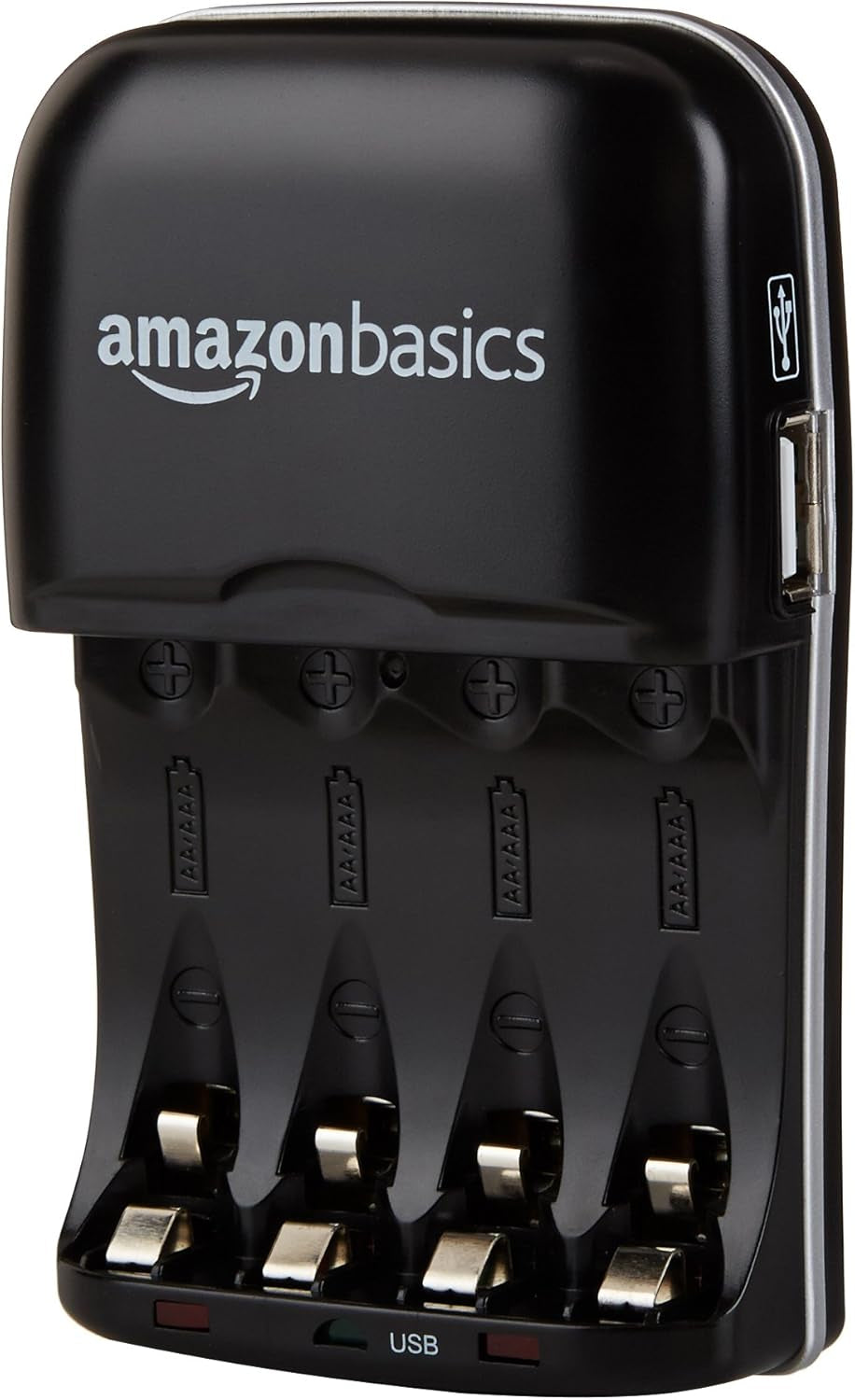 Cargador de Pilas Recargables AA/AAA Ni-MH con Puerto USB – 100–240 V, Enchufe Plegable, Negro
