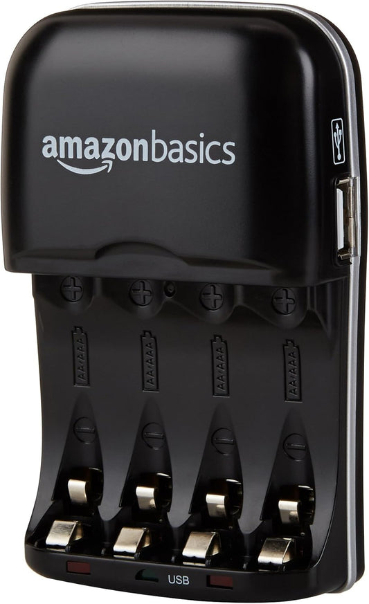 Cargador de Pilas Recargables AA/AAA Ni-MH con Puerto USB – 100–240 V, Enchufe Plegable, Negro