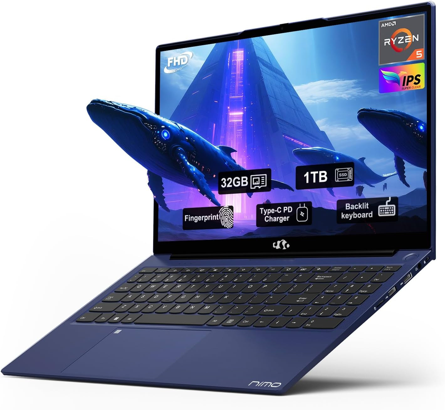 Laptop 15.6" FHD NIMO | AMD Ryzen 5 3500U | 32GB RAM | 1TB SSD | Teclado Retroiluminado | Huella Digital | Cargador Rápido 65W | Windows 11 | 2 Años Garantía