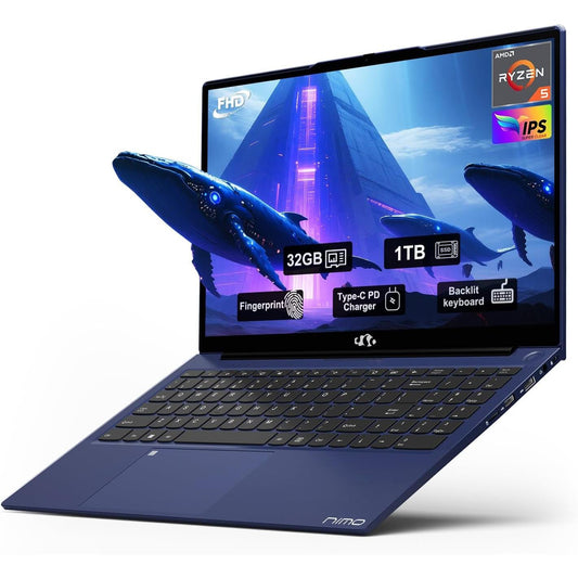 Laptop 15.6" FHD NIMO | AMD Ryzen 5 3500U | 32GB RAM | 1TB SSD | Teclado Retroiluminado | Huella Digital | Cargador Rápido 65W | Windows 11 | 2 Años Garantía