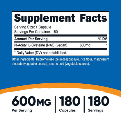 N-Acetyl L-Cysteine (NAC) 600 mg – 180 Cápsulas | Vegano, Sin OGM, Sin Gluten