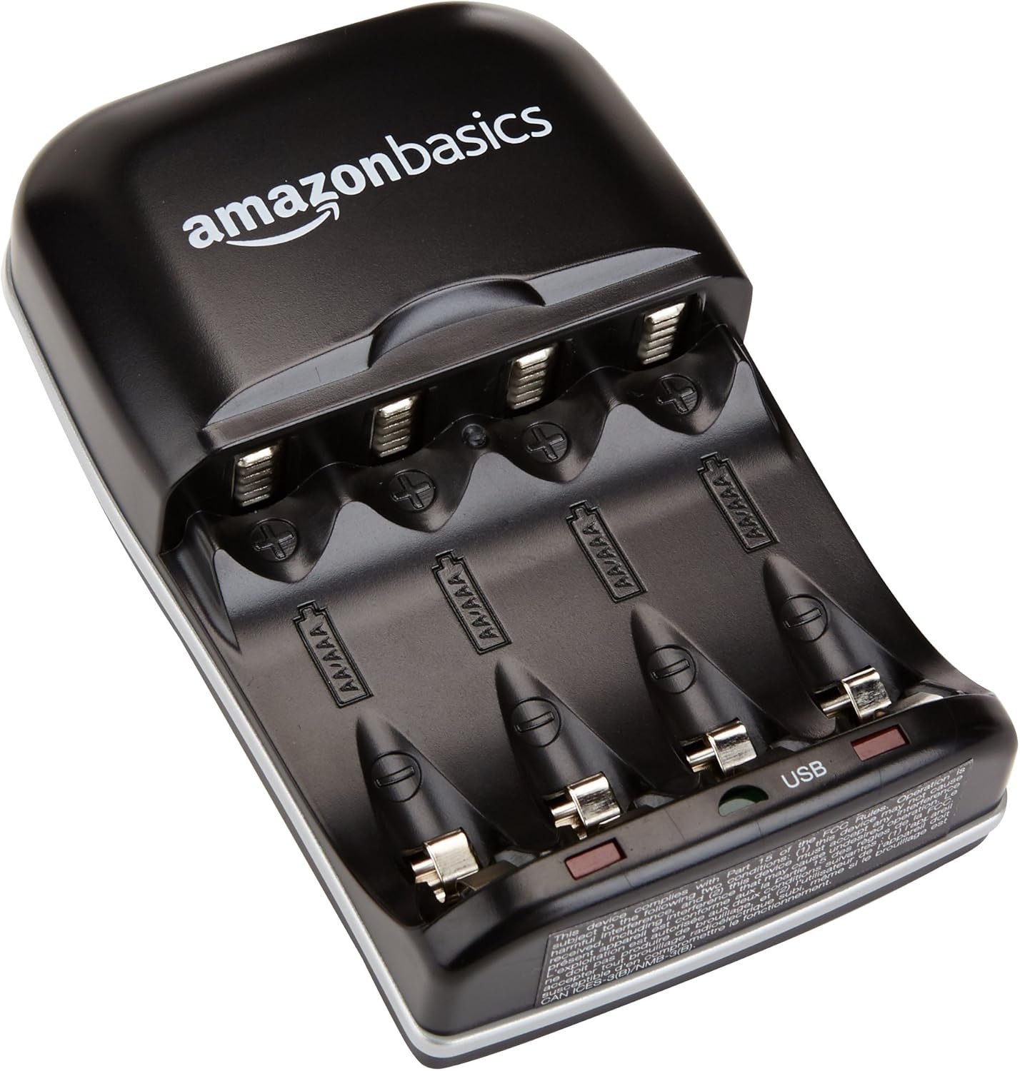 Cargador de Pilas Recargables AA/AAA Ni-MH con Puerto USB – 100–240 V, Enchufe Plegable, Negro