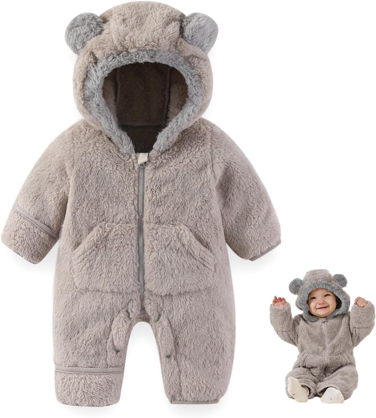 Traje de Oso para Bebé Recién Nacido con Mitones Plegables y Patucos para Niñas y Niños Ropa de Invierno de Vellón con Capucha Mameluco Traje de Nieve