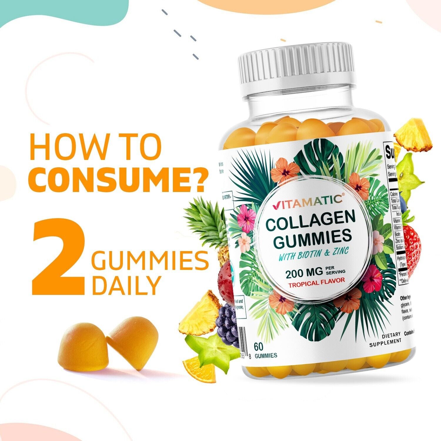 Vitamatic Gomitas de Colágeno Hidrolizado con Vitamina C, Zinc y Biotina – 60 Unidades