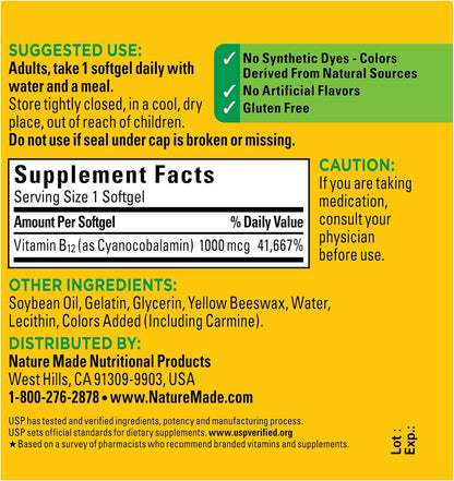 Vitamina B12 1000 mcg – 150 Cápsulas Blandas | Nature Made | Soporte del Metabolismo Energético | 150 días | Sin Gluten | Verificado por USP