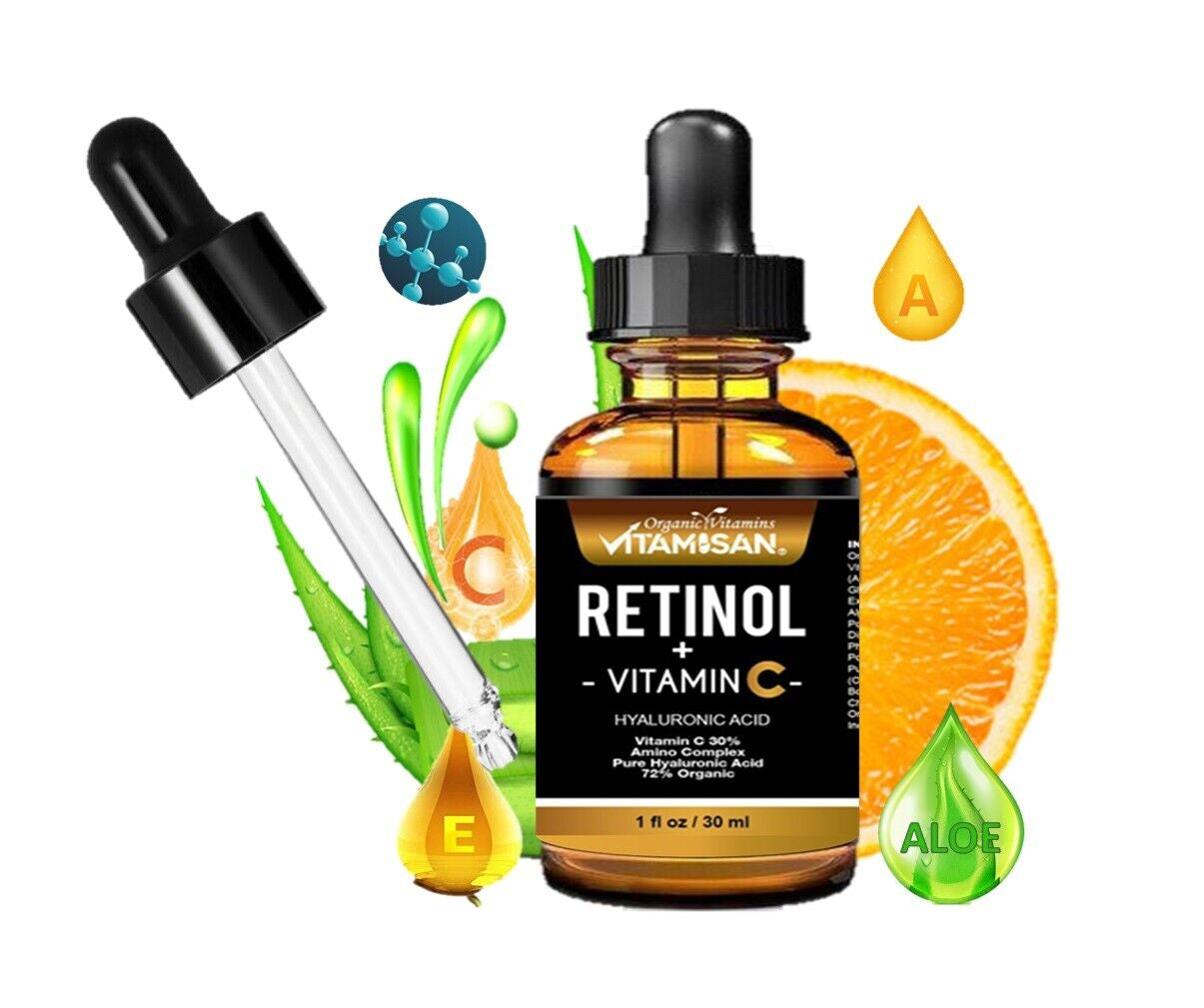 Serum Facial Antiage Vit C 30% + Retinol 5% + Ácido Hialurónico + Vit E – 30 ml | VITAMISAN®