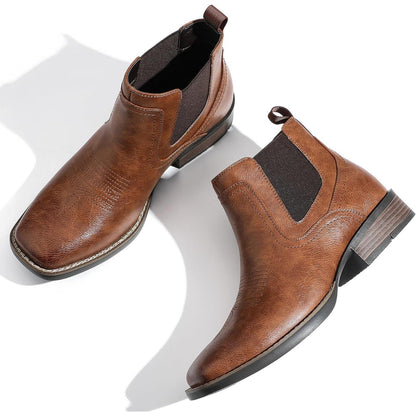 Botas vaqueras Chelsea para hombre | Punta cuadrada | Botas vaqueras al tobillo para hombre | Color: Marrón