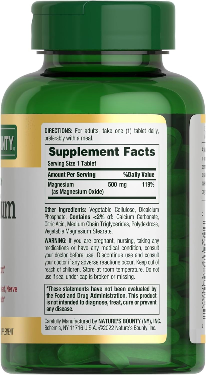 Magnesio 500 mg – 200 Tabletas | Nature’s Bounty | Salud Ósea y Muscular | Tabletas Recubiertas de Fácil Deglución | Sin Gluten