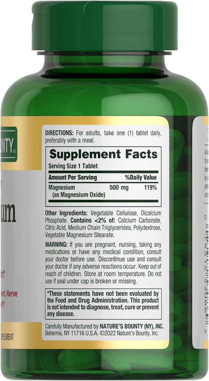 Magnesio 500 mg – 200 Tabletas | Nature’s Bounty | Salud Ósea y Muscular | Tabletas Recubiertas de Fácil Deglución | Sin Gluten