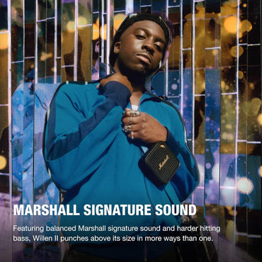Marshall Willen II – Bocina Bluetooth portátil IP67 (Black & Brass), 17+ h batería, micrófono manos libres y correa de sujeción