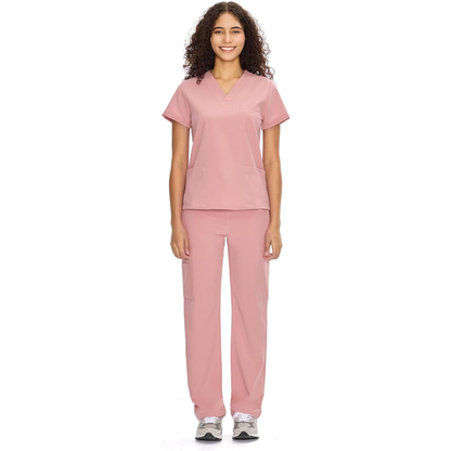 Set Uniforme Médico | Camiseta con Cuello en V y Pantalones de Pierna Recta con Bolsillos | Ropa de Trabajo Unisex | Color: Rosa