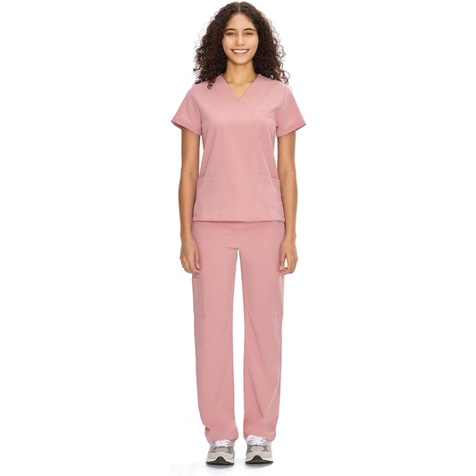 Set Uniforme Médico | Camiseta con Cuello en V y Pantalones de Pierna Recta con Bolsillos | Ropa de Trabajo Unisex | Color: Rosa