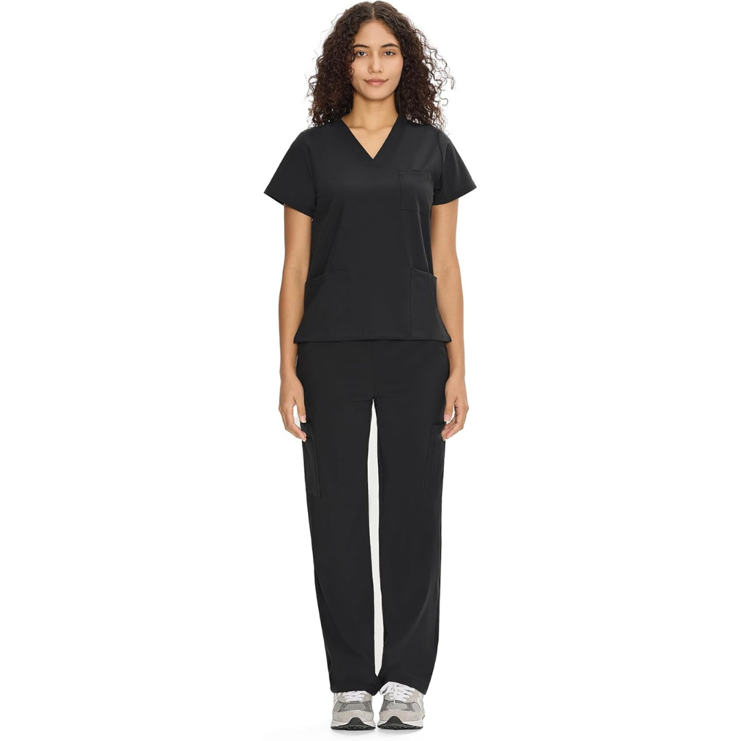 Set Uniforme Médico | Camiseta con Cuello en V y Pantalones de Pierna Recta con Bolsillos | Ropa de Trabajo Unisex | Color: Negro
