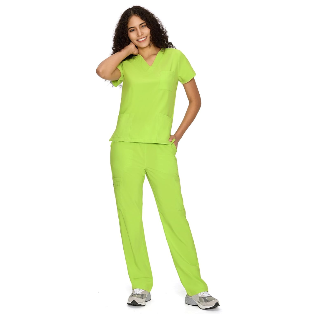 Set Uniforme Médico | Camiseta con Cuello en V y Pantalones de Pierna Recta con Bolsillos | Ropa de Trabajo Unisex | Color: Verde Manzana