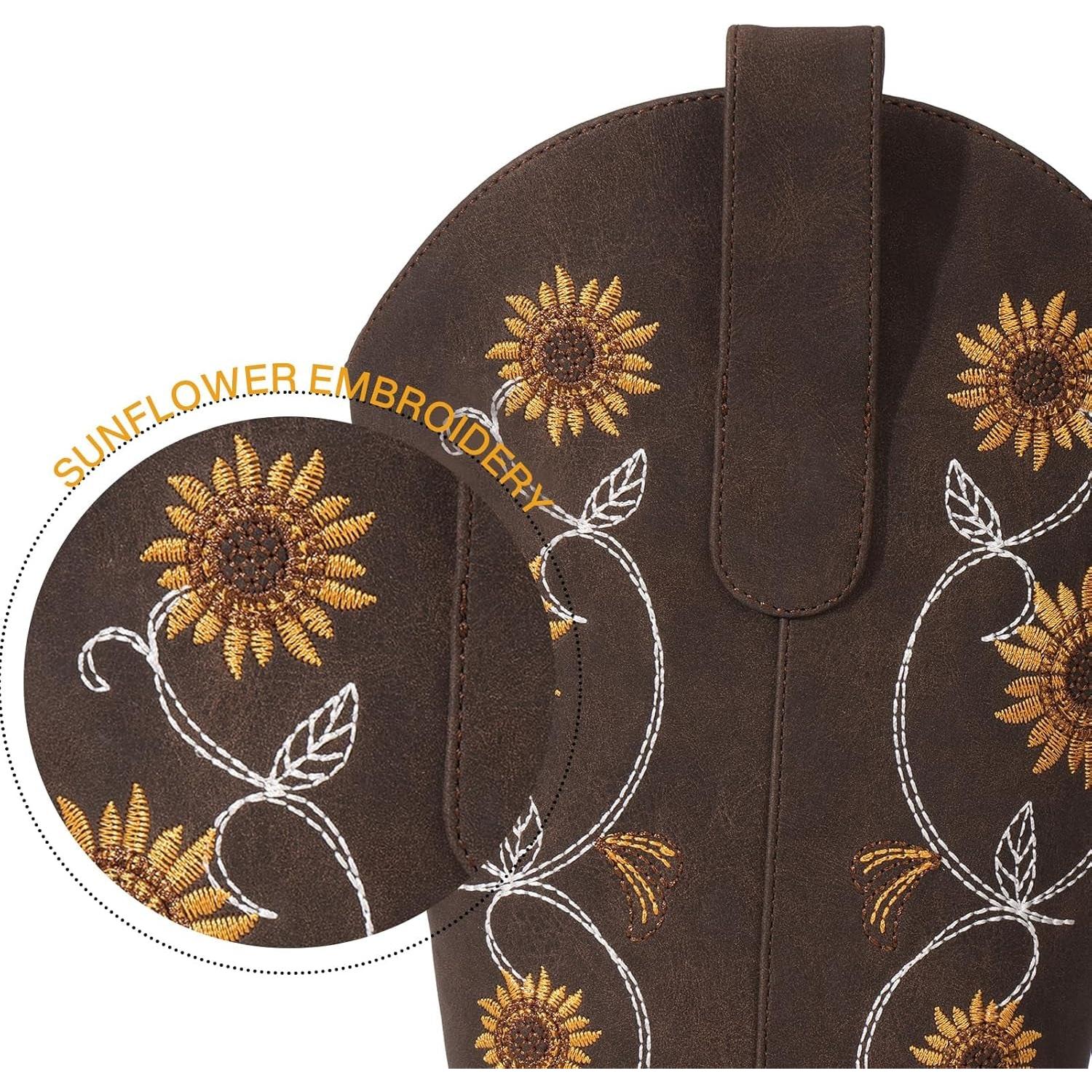 Botas vaqueras de girasol | Media pantorrilla | Bordado floral | Punta cuadrada cosida | Color: Marrón