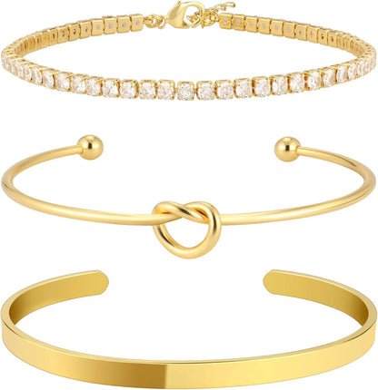 Set de Pulseras para Mujer – Brazalete Dorado Tipo Cuff con Nudo + Pulsera Tennis con Zirconias, Baño de Oro 14K, Antidesgaste, Elegante y de Moda