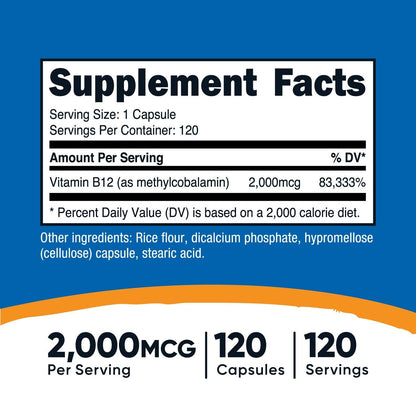 Nutricost Vitamina B12 (Metilcobalamina) 2000 mcg | 120 Cápsulas Vegetarianas