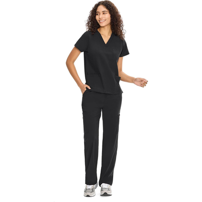 Set Uniforme Médico | Camiseta con Cuello en V y Pantalones de Pierna Recta con Bolsillos | Ropa de Trabajo Unisex | Color: Negro