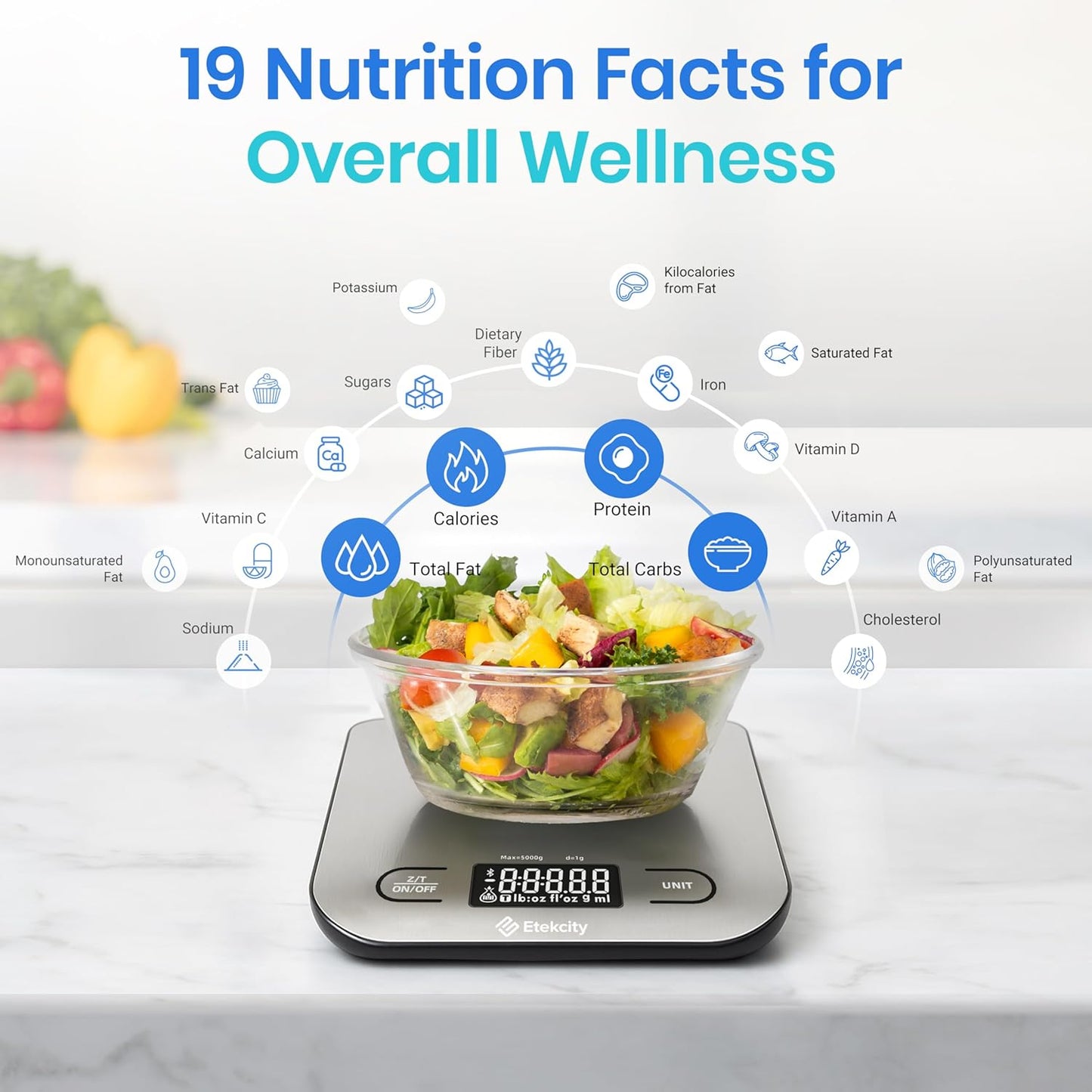 Food Nutrition Kitchen Scale, Digital Grams and Ounces for Weight Loss, Baking, Cooking, Keto and Meal Prep, Large, 304 Stainless Steel