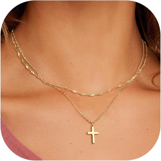 Collar Doble Cruz para Mujer, Chapado en Oro 14K/Plata de Ley, Choker con Dije de Cruz, Joyería de Moda Apilable y Elegante