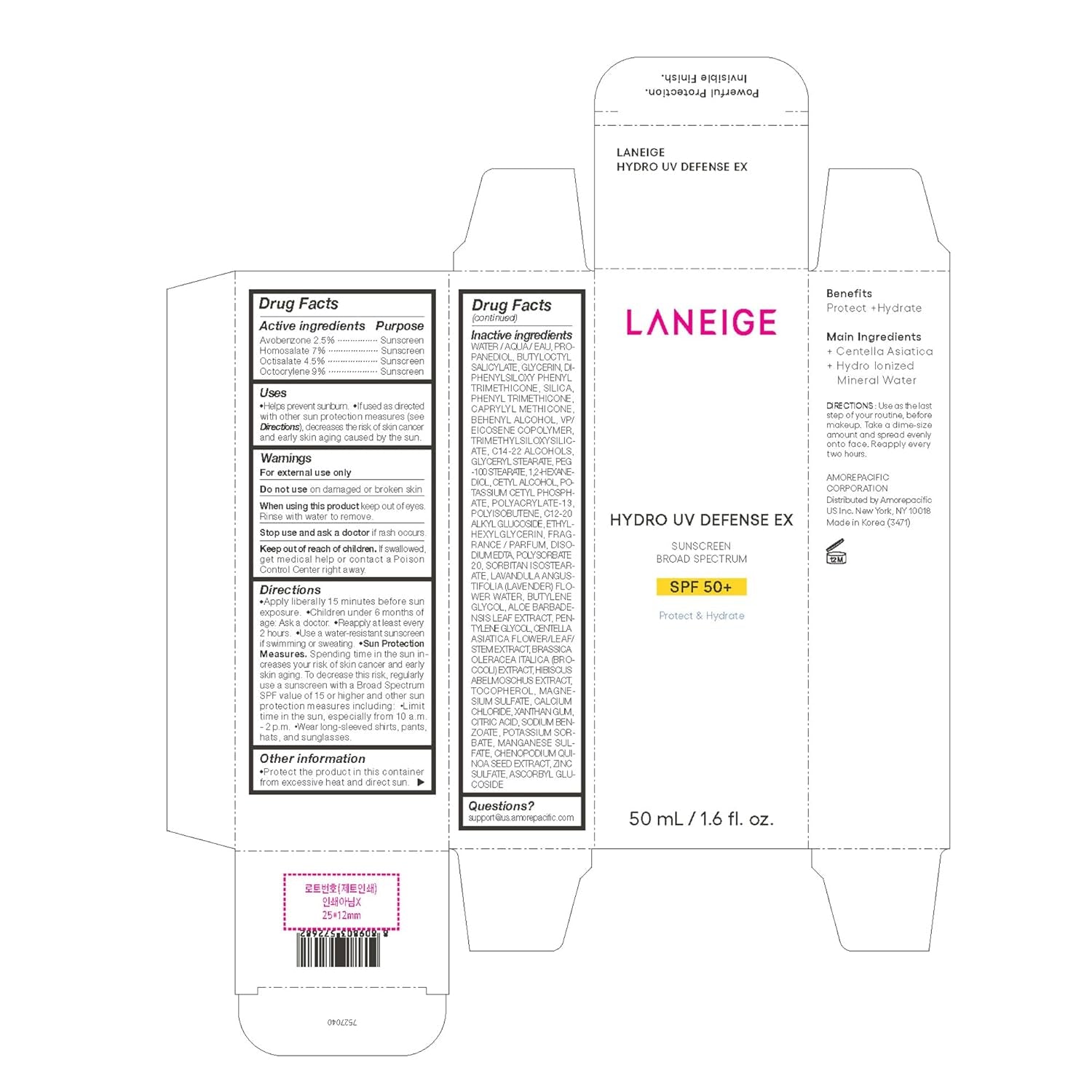 LANEIGE Protector solar Hydro UV Defense SPF 50+: hipoalergénico y dermatólogo, protección solar coreana de amplio espectro sin yeso blanco