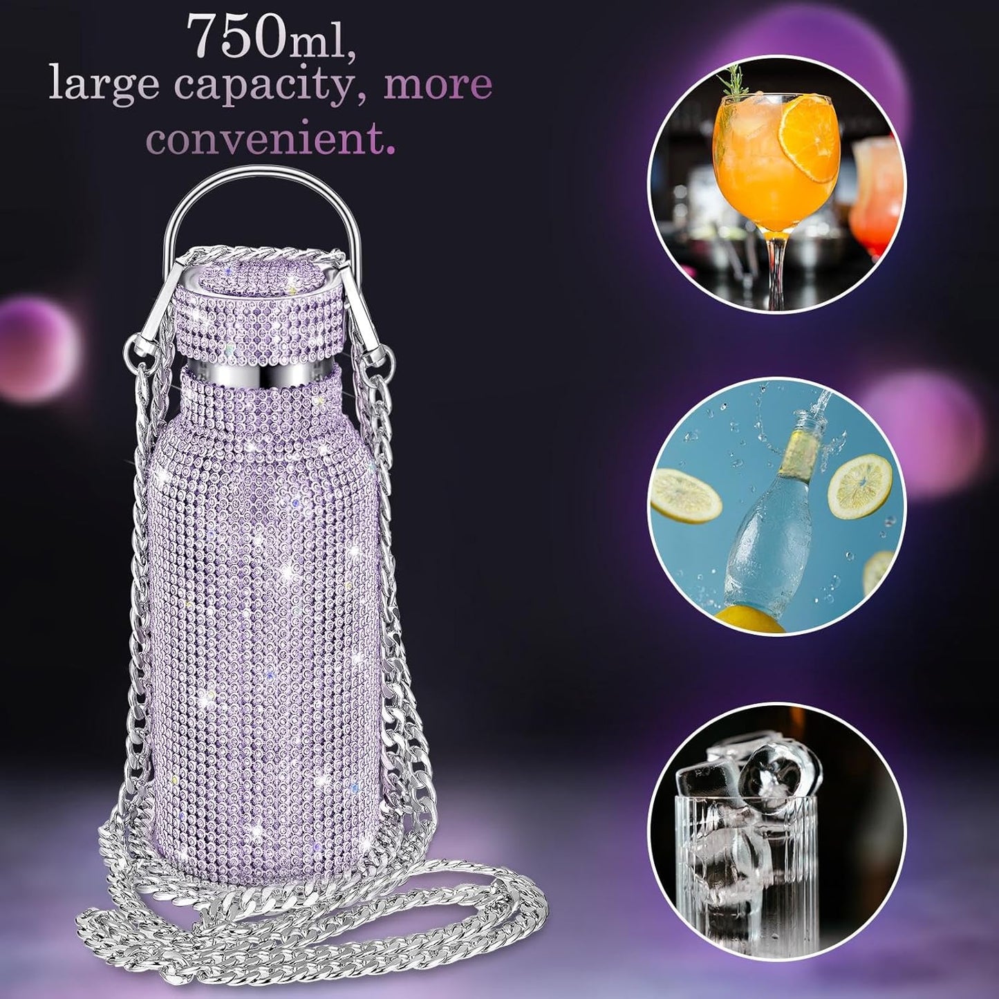 Botella térmica con diamantes de imitación con tapa | 750 ml | Aislado de acero inoxidable con diamantes de imitación de primera calidad | Color: Morado
