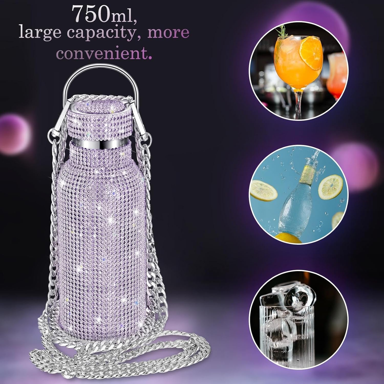 Botella térmica con diamantes de imitación con tapa | 750 ml | Aislado de acero inoxidable con diamantes de imitación de primera calidad | Color: Morado