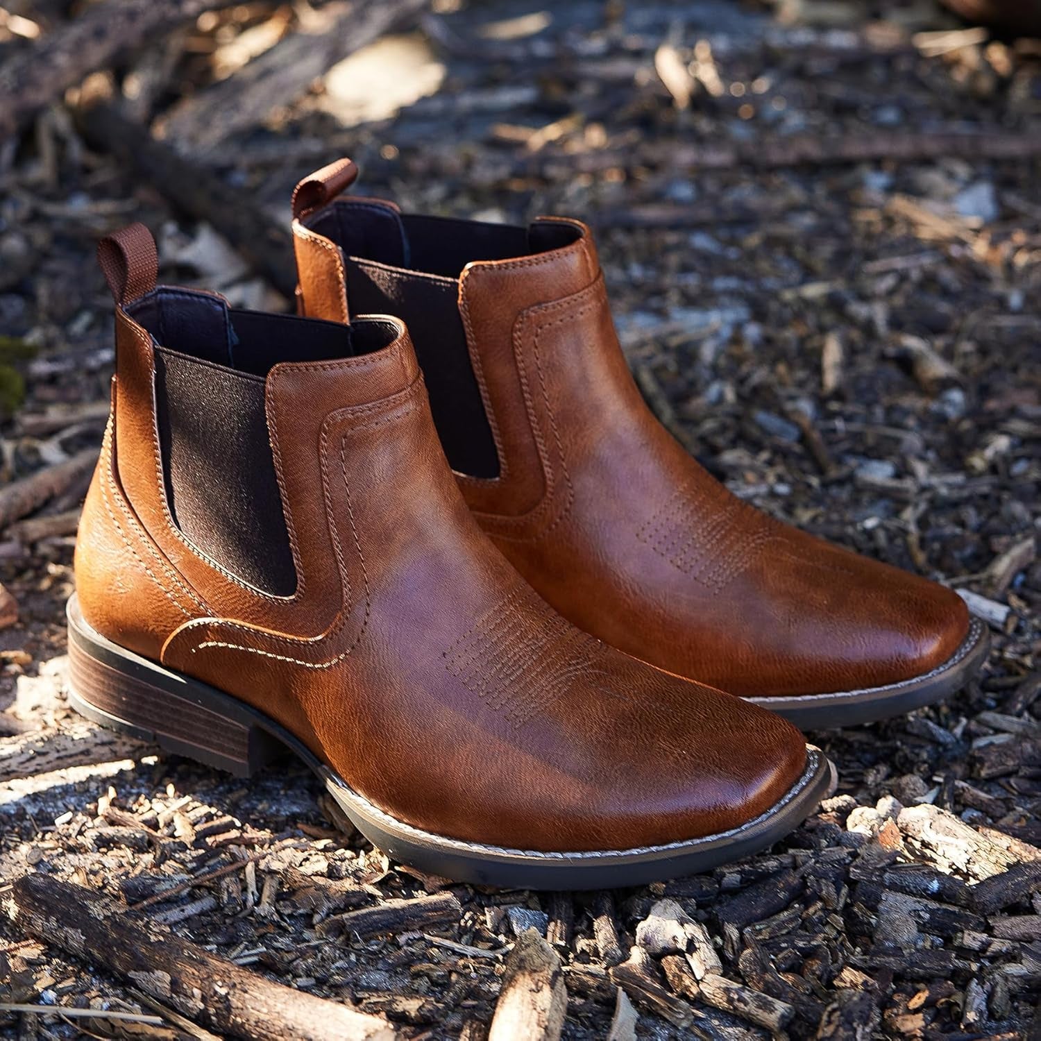 Botas vaqueras Chelsea para hombre | Punta cuadrada | Botas vaqueras al tobillo para hombre | Color: Marrón