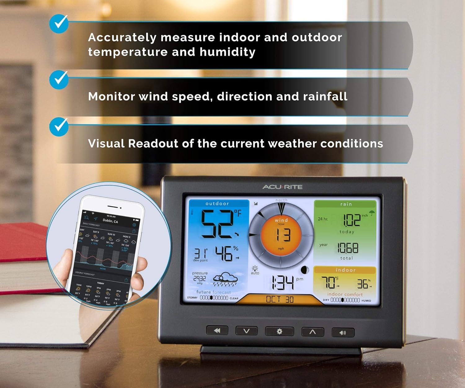 Estación Meteorológica AcuRite Iris 5 en 1 con Conexión Wi-Fi – Modelo 01540M, Color Negro