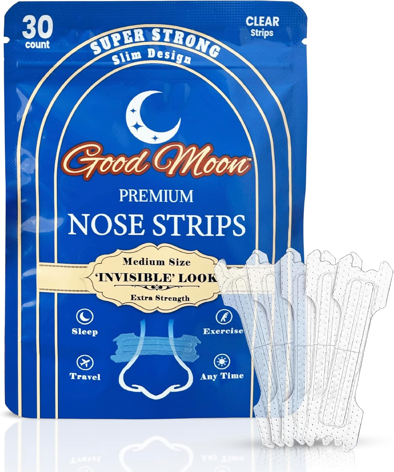 Premium Invisible Nose Strips – Extra Strength - Stop Snoring, Breathe Better, Fall Asleep, Running, Gym, Congestion, Pollen Allergies – Small/Medium Clear Nasal Strips for Sensitive Skin (30 Count)