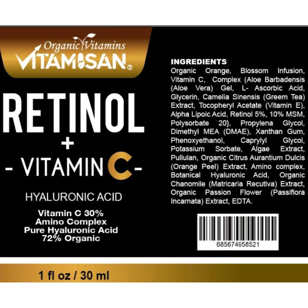 Serum Facial Antiage Vit C 30% + Retinol 5% + Ácido Hialurónico + Vit E – 30 ml | VITAMISAN®