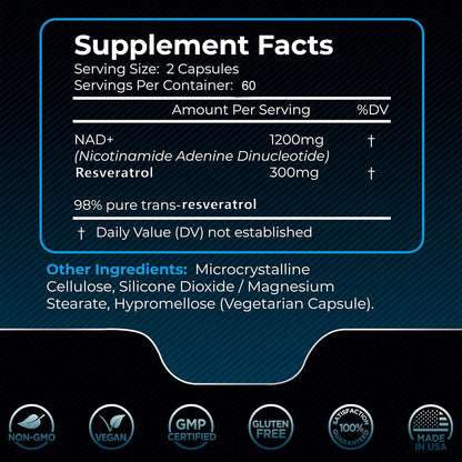 NAD+ 1500mg con Resveratrol Xemenry| Suplemento Antioxidante 