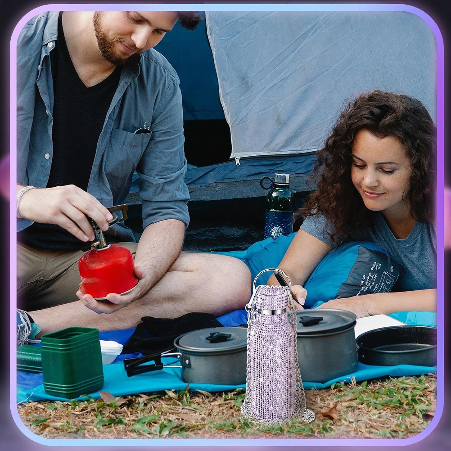 Botella térmica con diamantes de imitación con tapa | 750 ml | Aislado de acero inoxidable con diamantes de imitación de primera calidad | Color: Morado