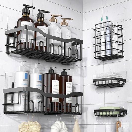 Organizador de Ducha Adhesivo 5 en 1, Estantes de Acero Inoxidable Antióxido XL, Sin Taladro, con Porta Jabón y Porta Cepillos de Dientes