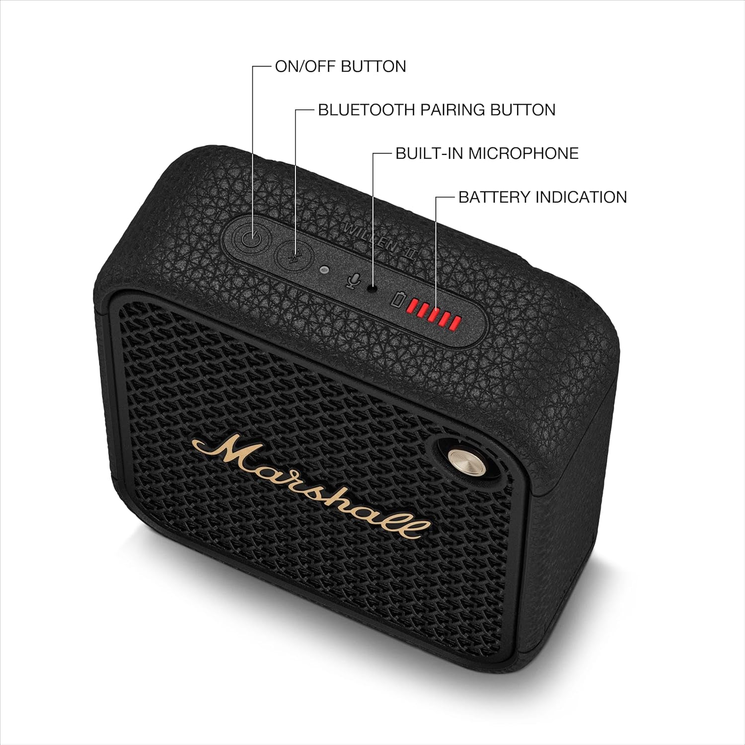 Marshall Willen II – Bocina Bluetooth portátil IP67 (Black & Brass), 17+ h batería, micrófono manos libres y correa de sujeción
