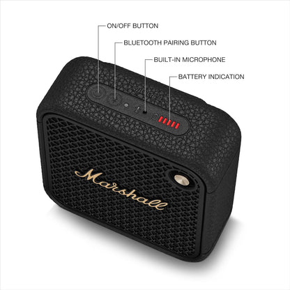 Marshall Willen II – Bocina Bluetooth portátil IP67 (Black & Brass), 17+ h batería, micrófono manos libres y correa de sujeción