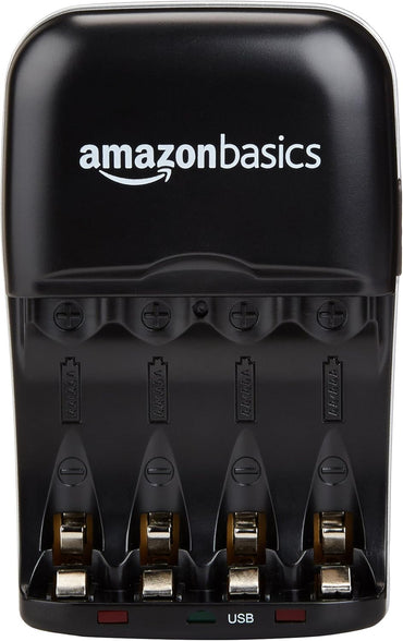 Cargador de Pilas Recargables AA/AAA Ni-MH con Puerto USB – 100–240 V, Enchufe Plegable, Negro