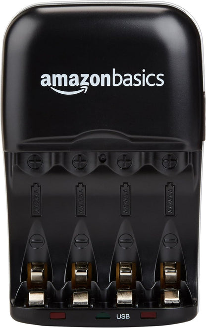 Cargador de Pilas Recargables AA/AAA Ni-MH con Puerto USB – 100–240 V, Enchufe Plegable, Negro