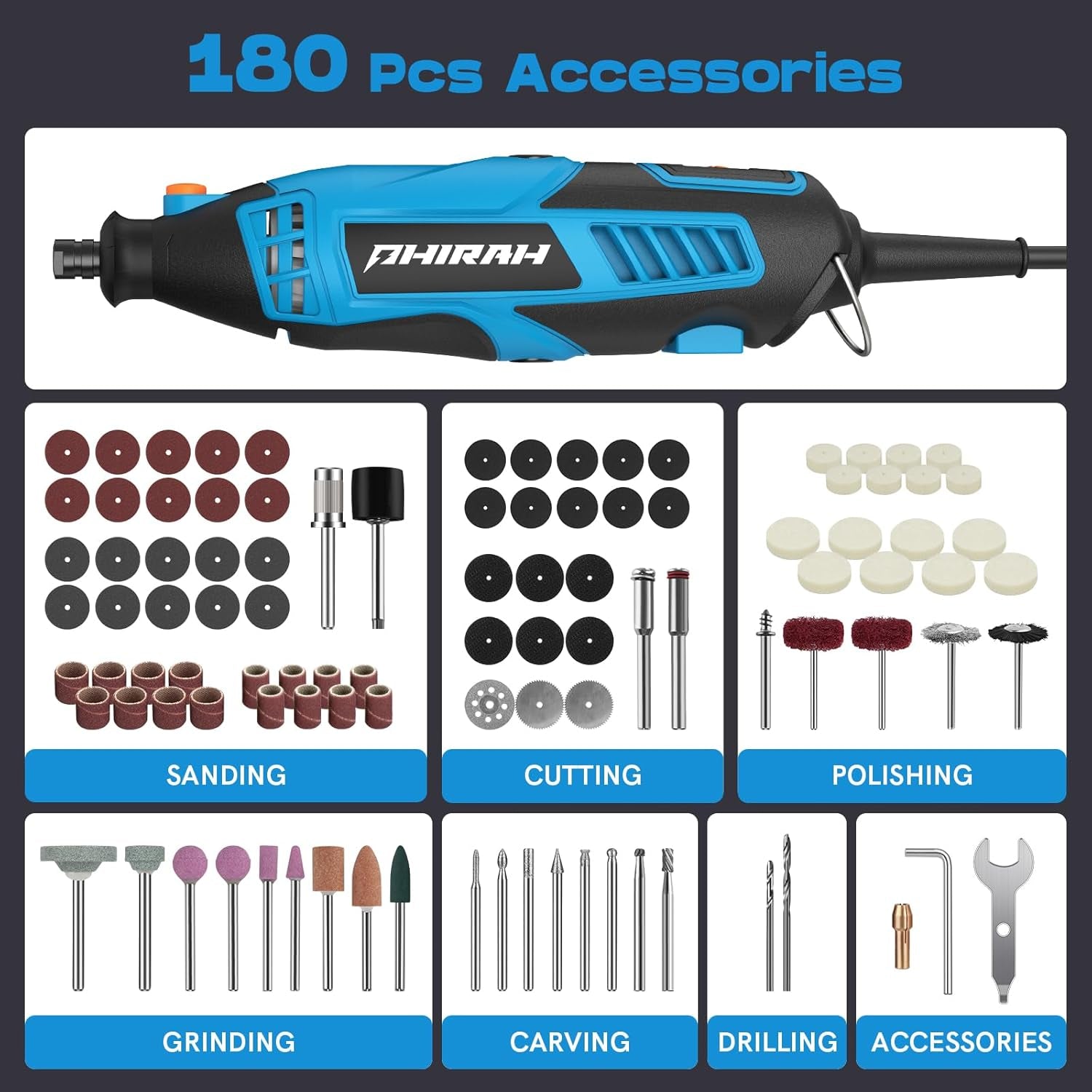 Herramienta Rotativa PHIRAH 160W con Eje Flexible y 180 Accesorios | Mini Amoladora Eléctrica 7 Velocidades 8000-35000 RPM para Corte, Pulido, Grabado y Bricolaje